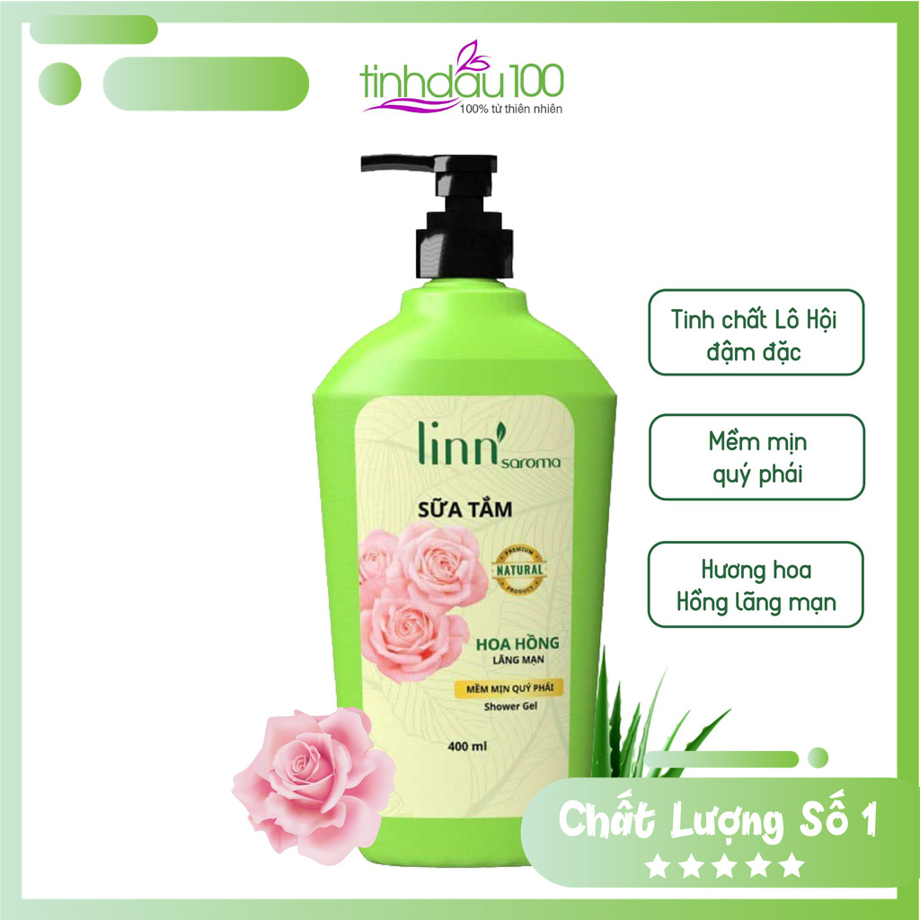 Sữa tắm Hoa hồng Linn Saroma dưỡng ẩm, làm sáng da, hương thơm quyến rũ chai 400ml Tinh Dầu 100 Shop