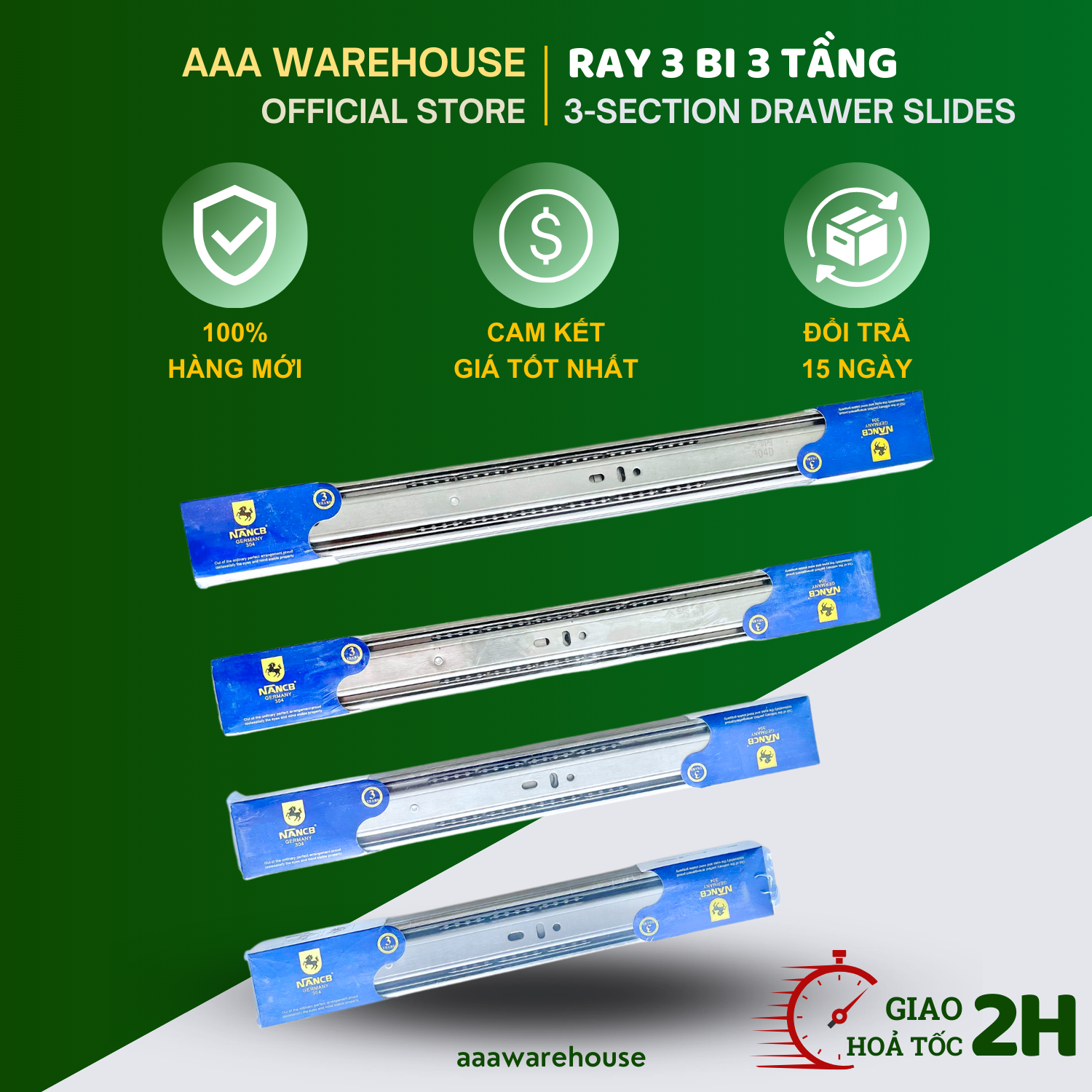 [NANCB] Ray Bi 3 Tầng INOX hộc tủ kéo - Bộ 2 thanh ray trượt inox Nancb hộc tủ kéo (Loại tốt) đủ kích cỡ