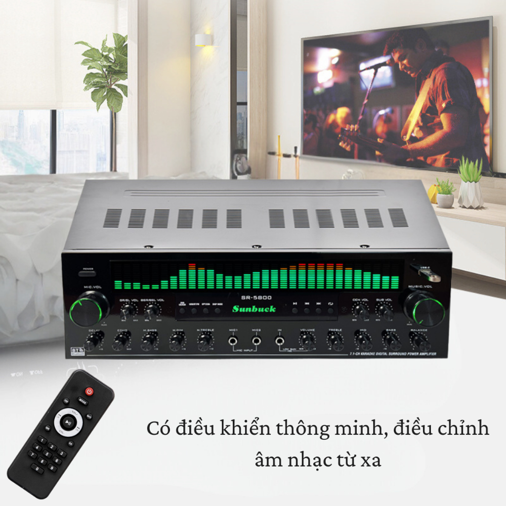 Amply Karaoke Bluetooth Sunbuck SR 5800, Công Suất Lớn 1000W, 7 Kênh, có điều khiển từ xa, công nghệ âm thanh đa hướng