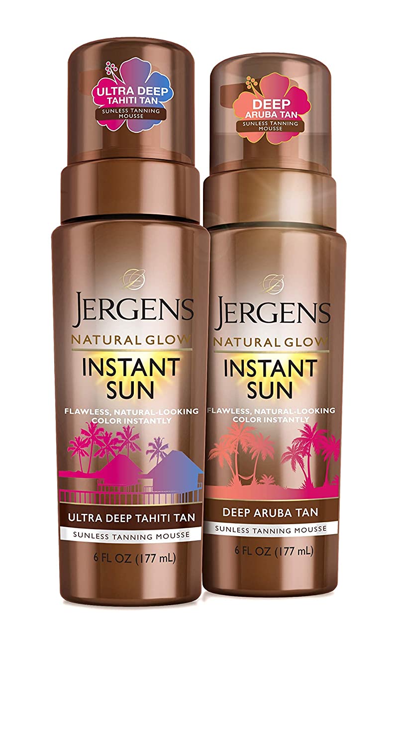 Mousse nhuộm nâu da Jergens Natural Glow Instant Sun Body Mousse Dark Self Tanner for Deep Aruba Tan/Ultra Deep Haiti Tan 177ml (Mỹ)
