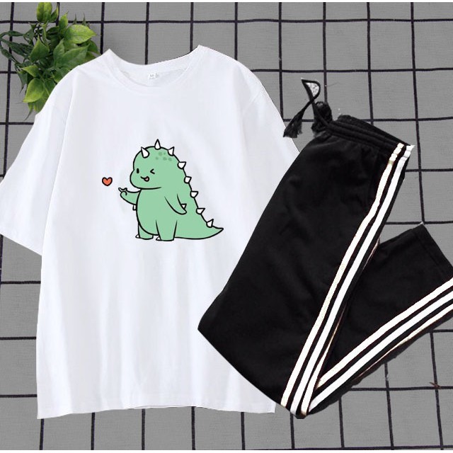 [HAN HAN SHOP 326] Sét Bộ Đồ Quần Áo Nữ Mặc Đi Chơi, Ở Nhà, Áo Thun Phông Cotton Organic In Khủng Long Bắn Tim Kèm Quần Ba Sọc