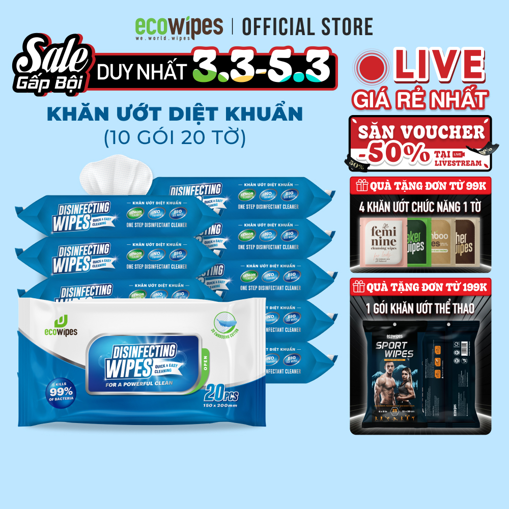 Combo 10 gói khăn giấy ướt diệt khuẩn Disinfecting Wipes gói 20 tờ diệt 99,9% vi khuẩn hương chanh dịu nhẹ không kích ứng da