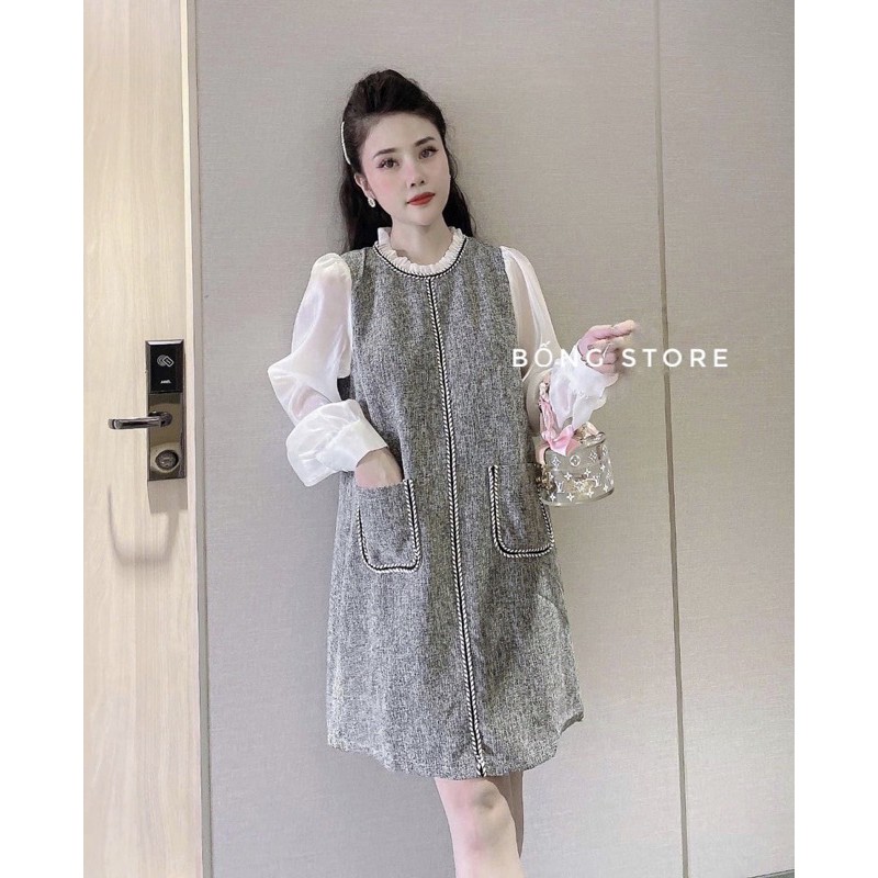 Váy dạ/đầm dạ phối tay voan dáng xuông sang chảnh/đầm bầu ( Mẹ bầu măc xinh nha)