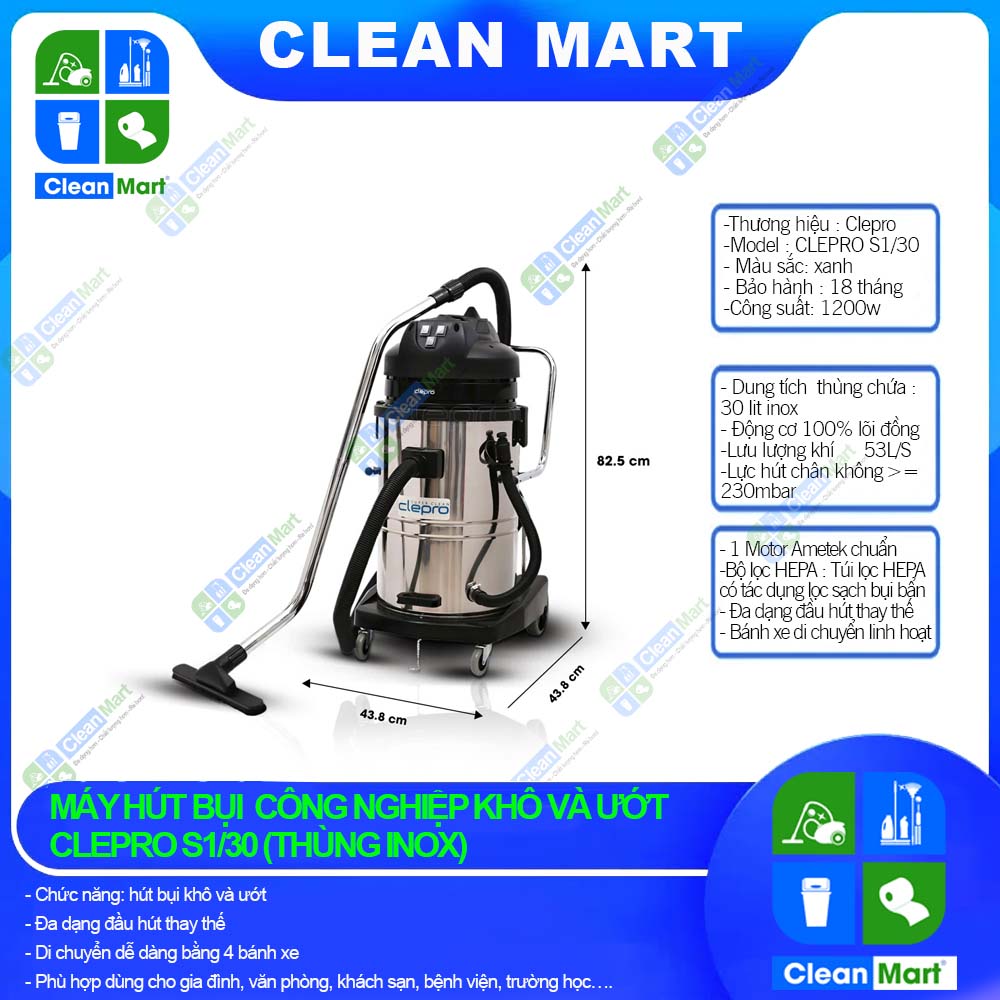 [Clepro] Clepro S1/30 1 Motor Wet and Dry Industrial Vacuum Cleaner - Clean Mart