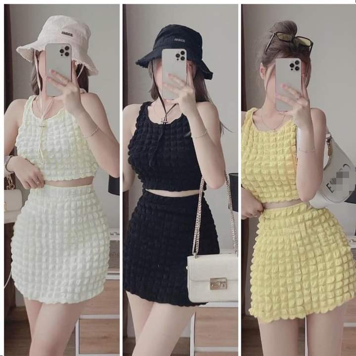 Sét bộ áo croptop 3 lỗ kèm chân váy chất lụa xốp cực xinh