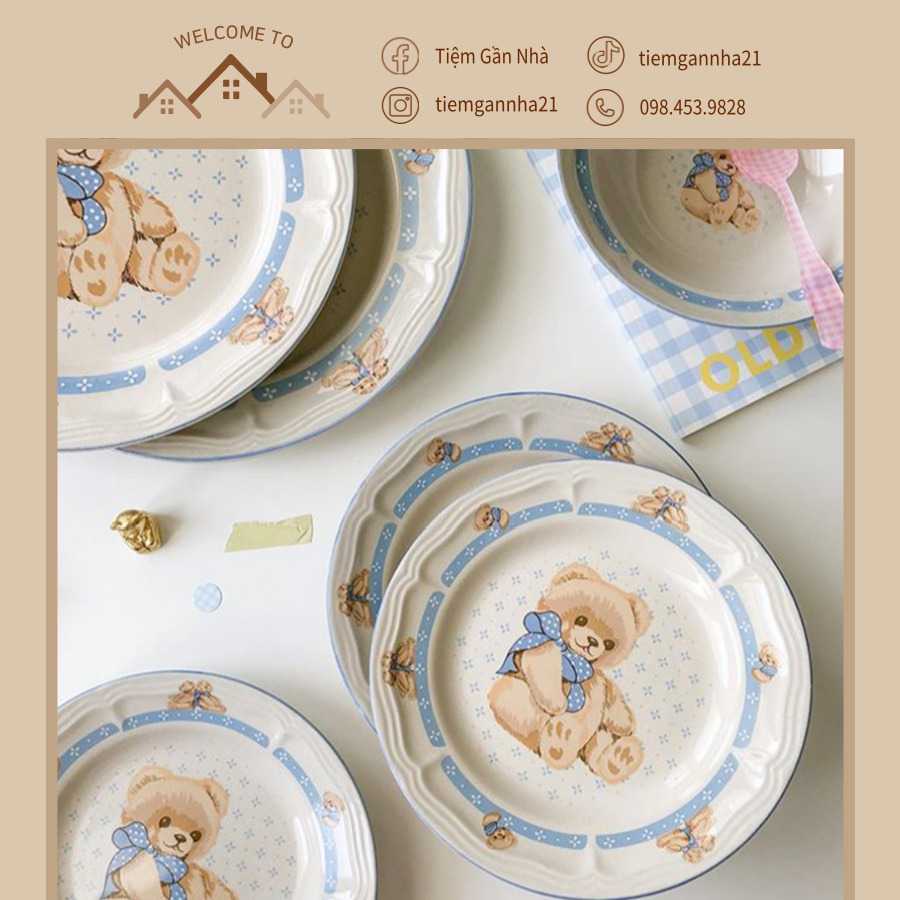 Đĩa sứ hình gấu vintage phong cách Hàn Quốc