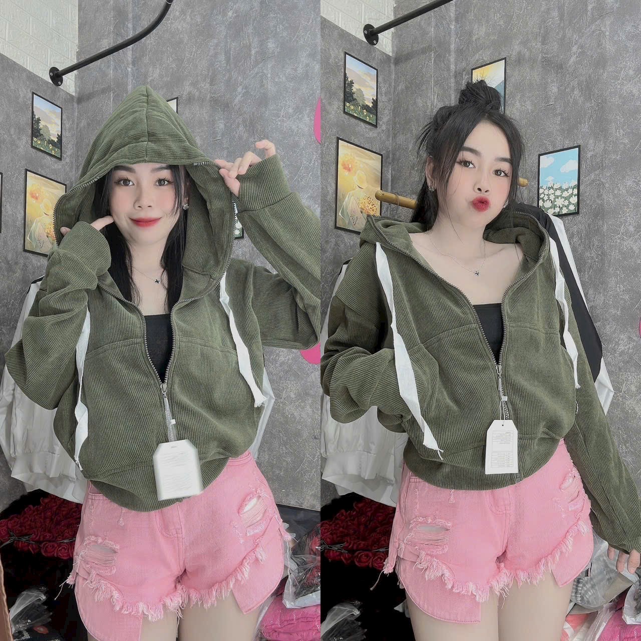 Áo Khoác Len Nhung Gân 4 Túi Kiểu Croptop Tay Cánh Dơi Cực Sành Điệu_XT