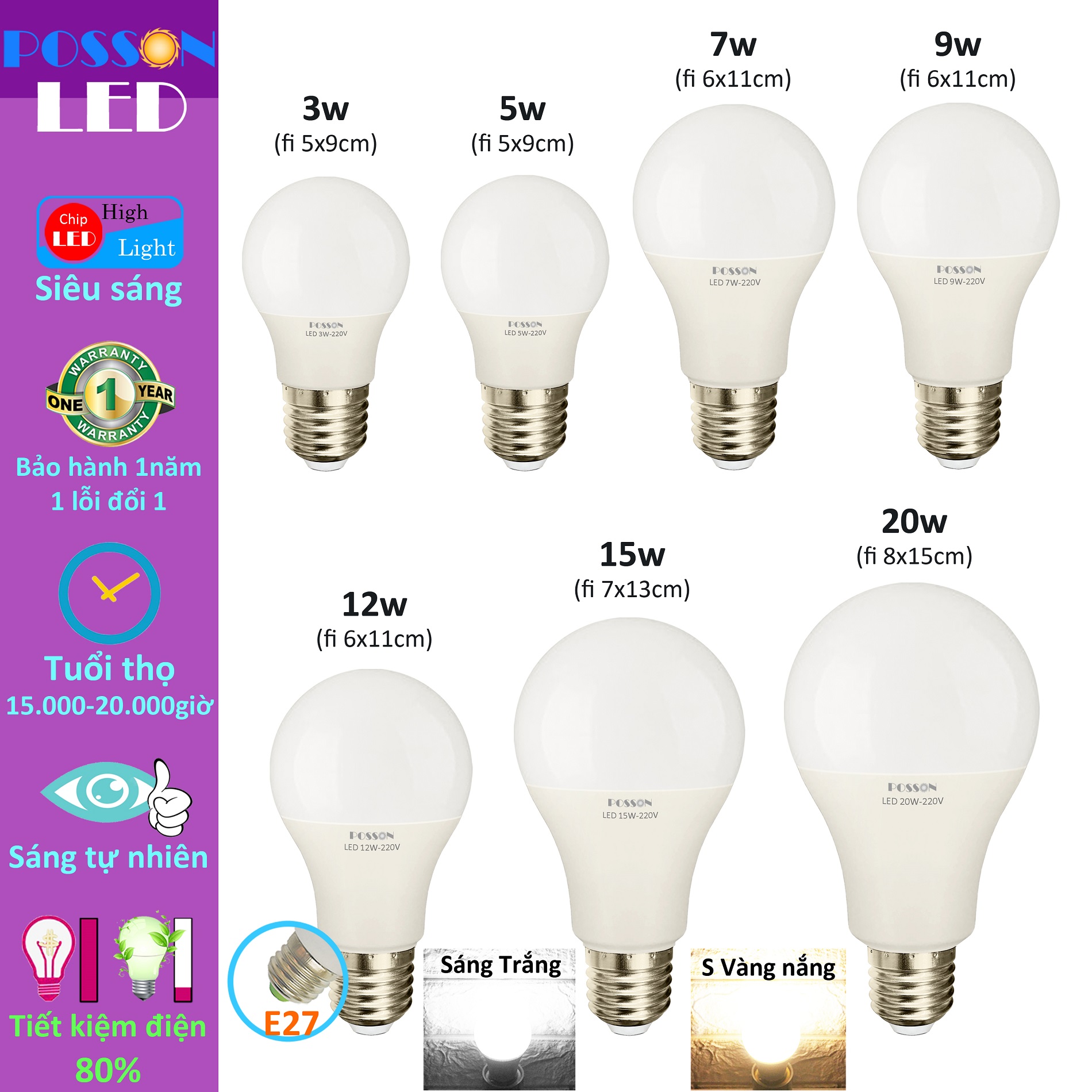 Bóng đèn Led 3w 5w 7w 9w 10w 12w 15w 20w bup tròn A bulb tiết kiệm điện kín chống nước mưa Posson LB320x