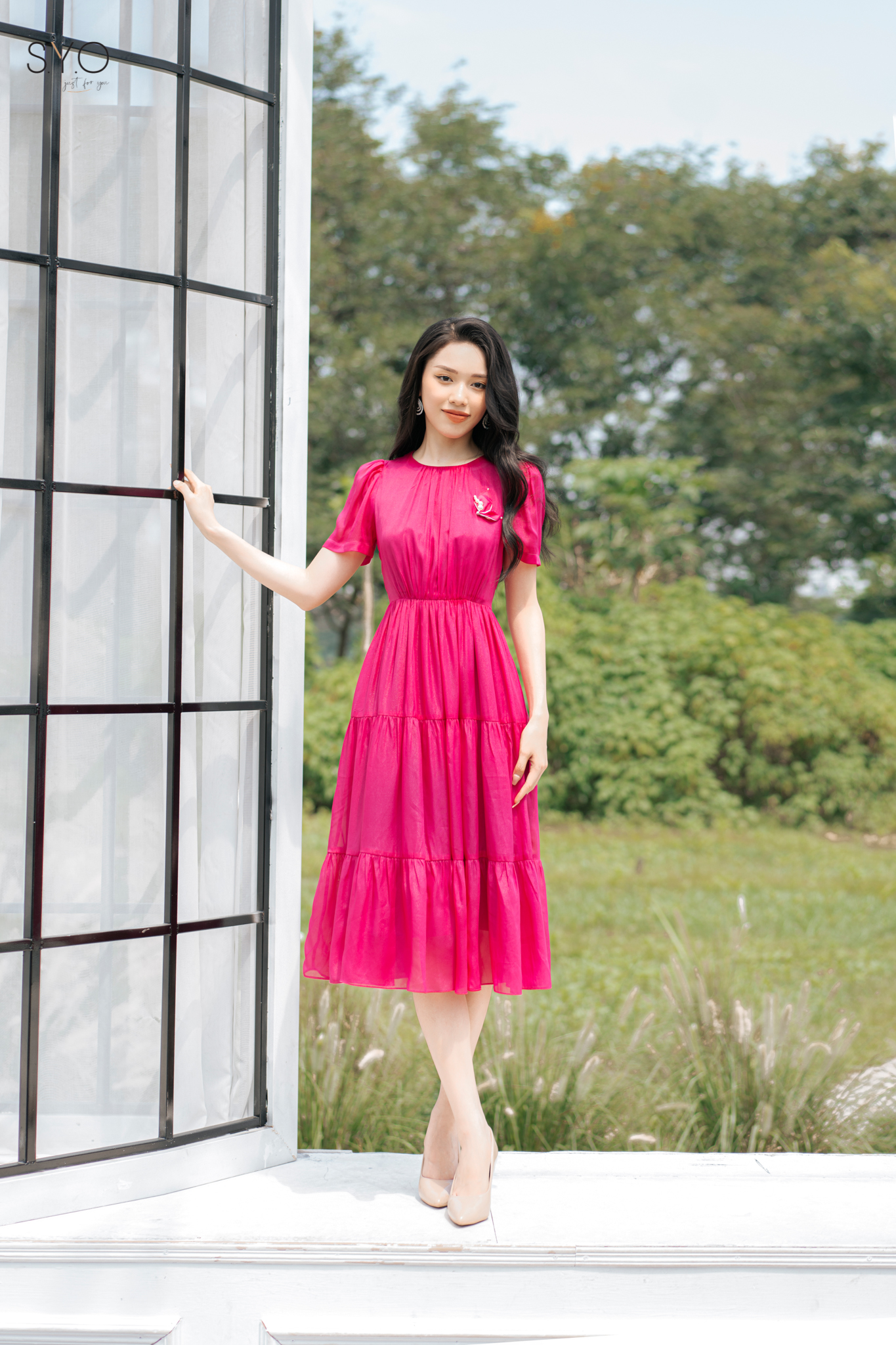 Syo-đầm tơ midi tầng xòe - hồng d4029-22