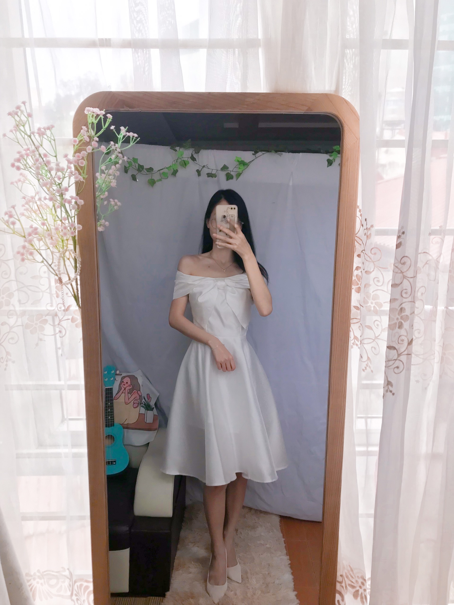 Váy dự tiệc trễ vai nơ ngực chất tafta siêu bồng bềnh