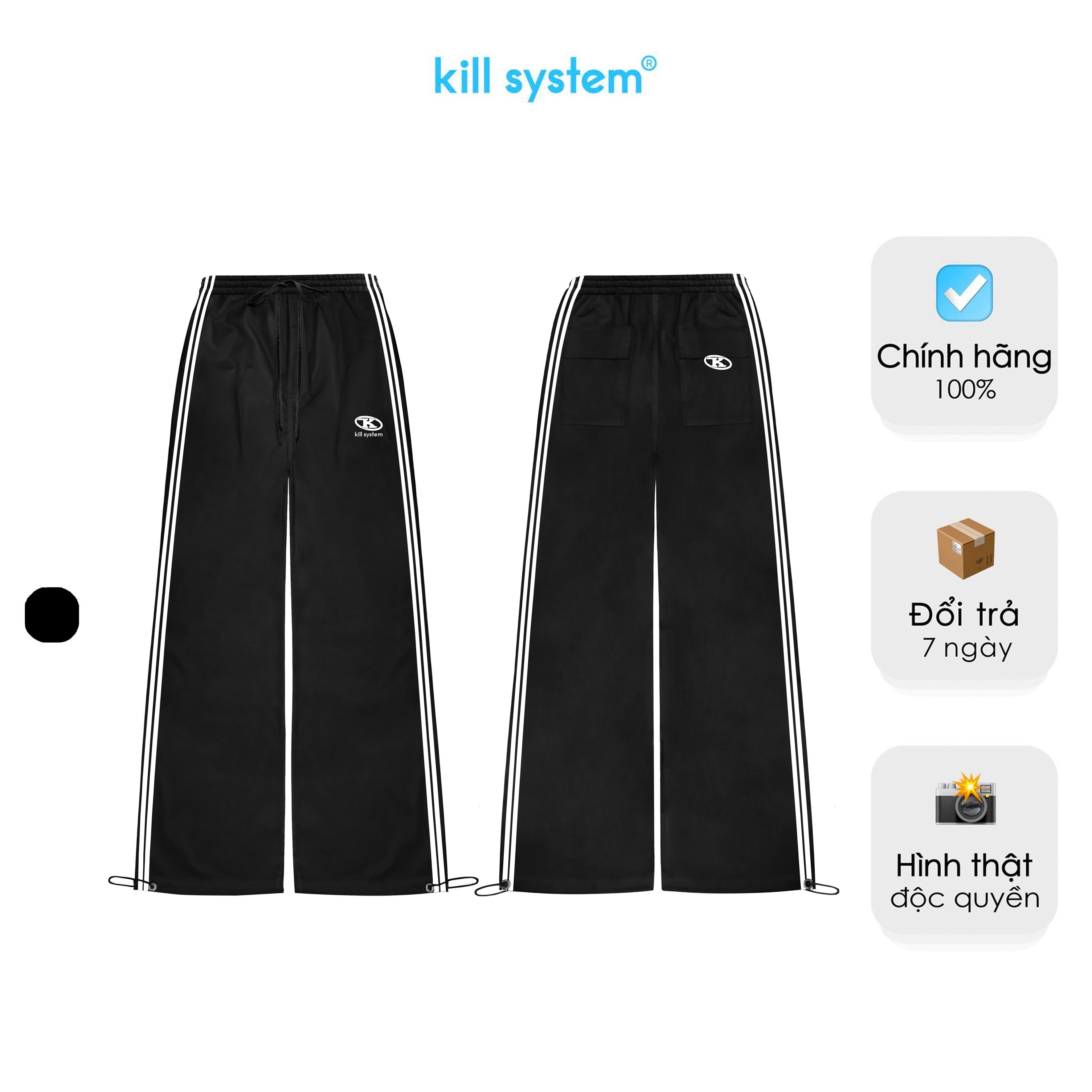 Quần dù ống rộng Dara màu đen Kill System sport pants vải dù viền trắng