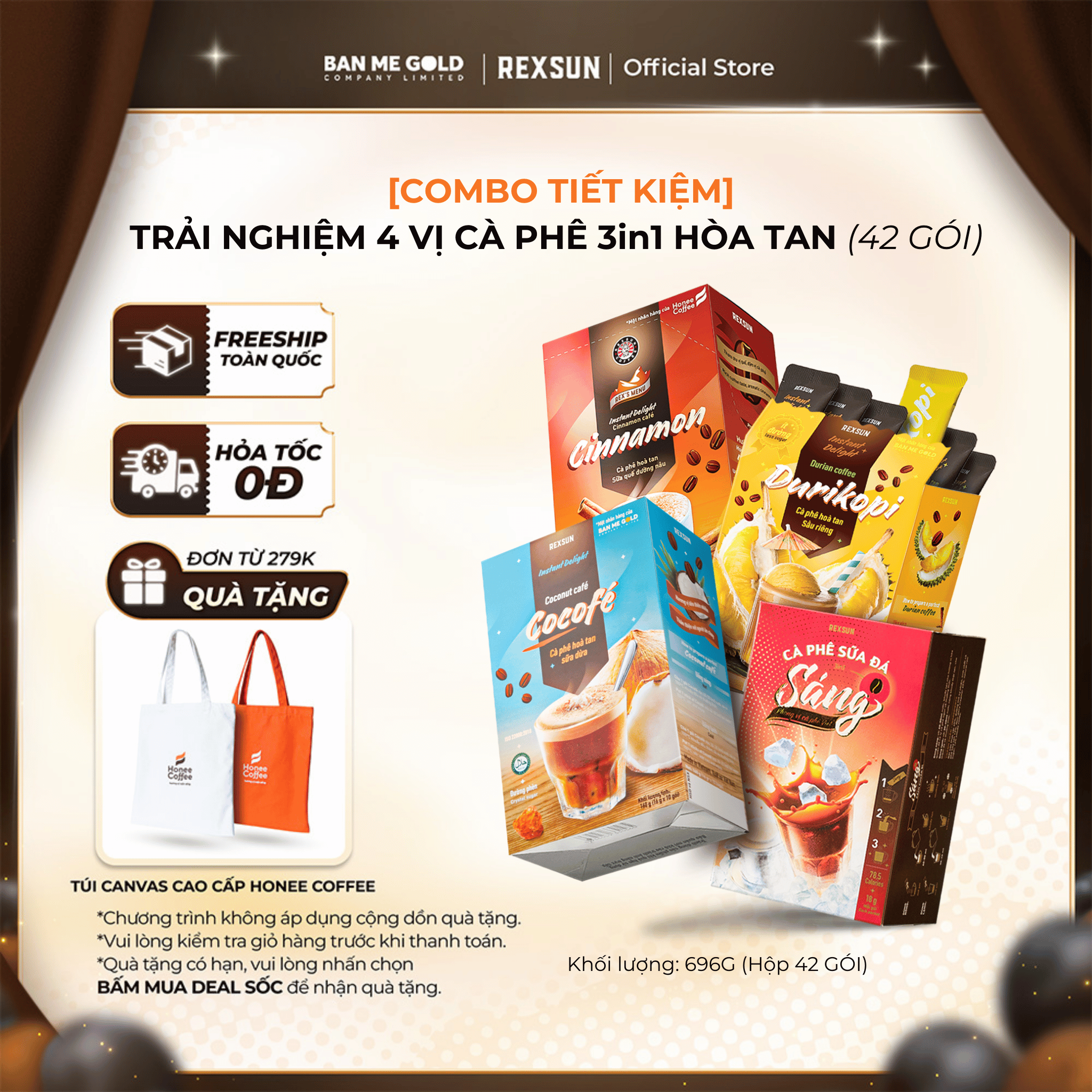 COMBO TIẾT KIỆM 4 Hộp Cà Phê Hòa Tan Truyền Thống Sữa Dừa Quế Sầu Riêng - Cafe Gói Hòa Tan 3in1 Tiện Lợi - Rexsun