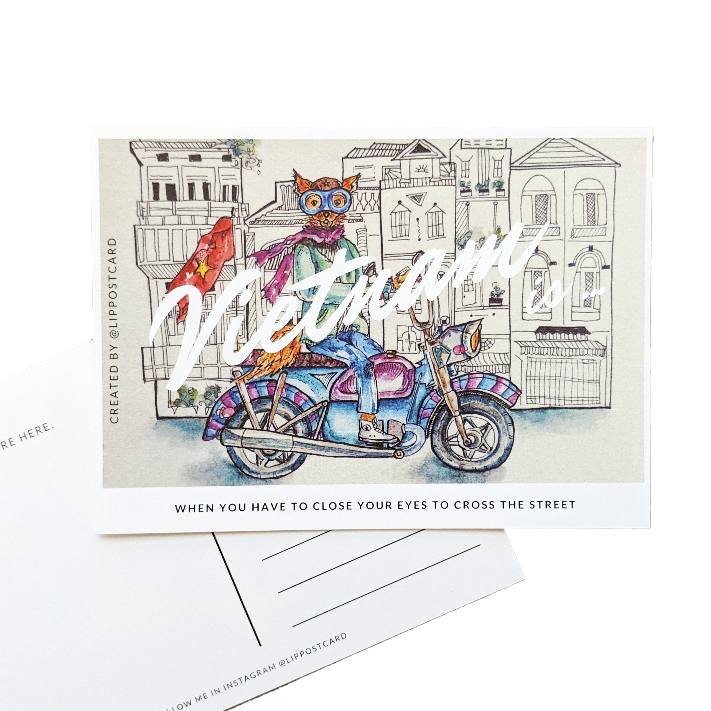 Bưu thiếp "Việt Nam là" Cáo trên xe máy. Quà tặng màu nước gốc từ Việt Nam