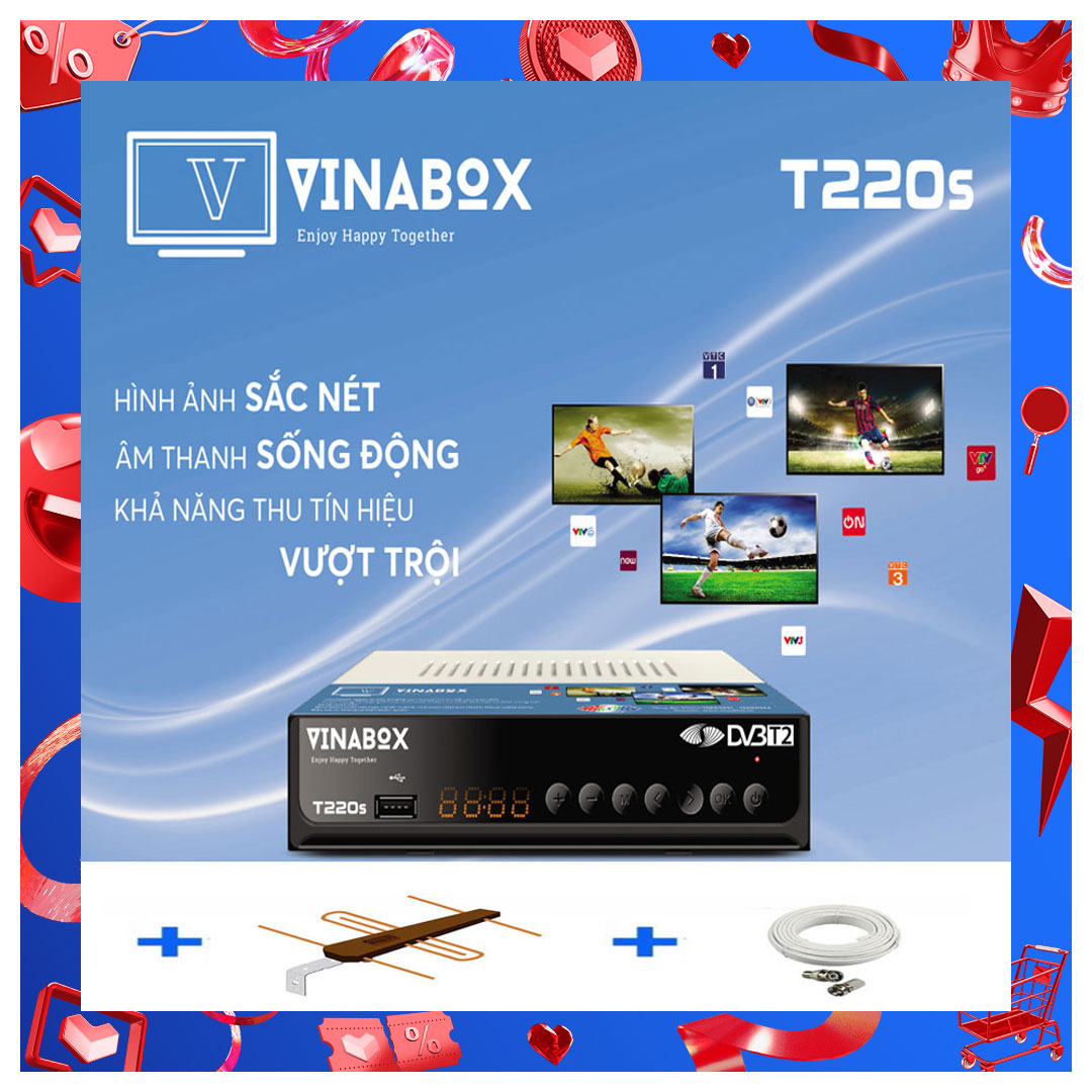[HCM]ĐẦU KTS DVB T2 VINABOX T220S + Cáp HDMI + anten khếch đại + 15m cáp anten