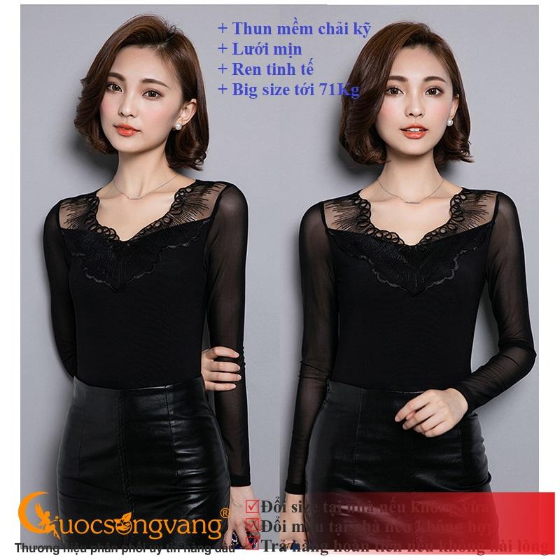 Áo nữ áo thun nữ dài tay dáng ôm cổ phối ren GLA076