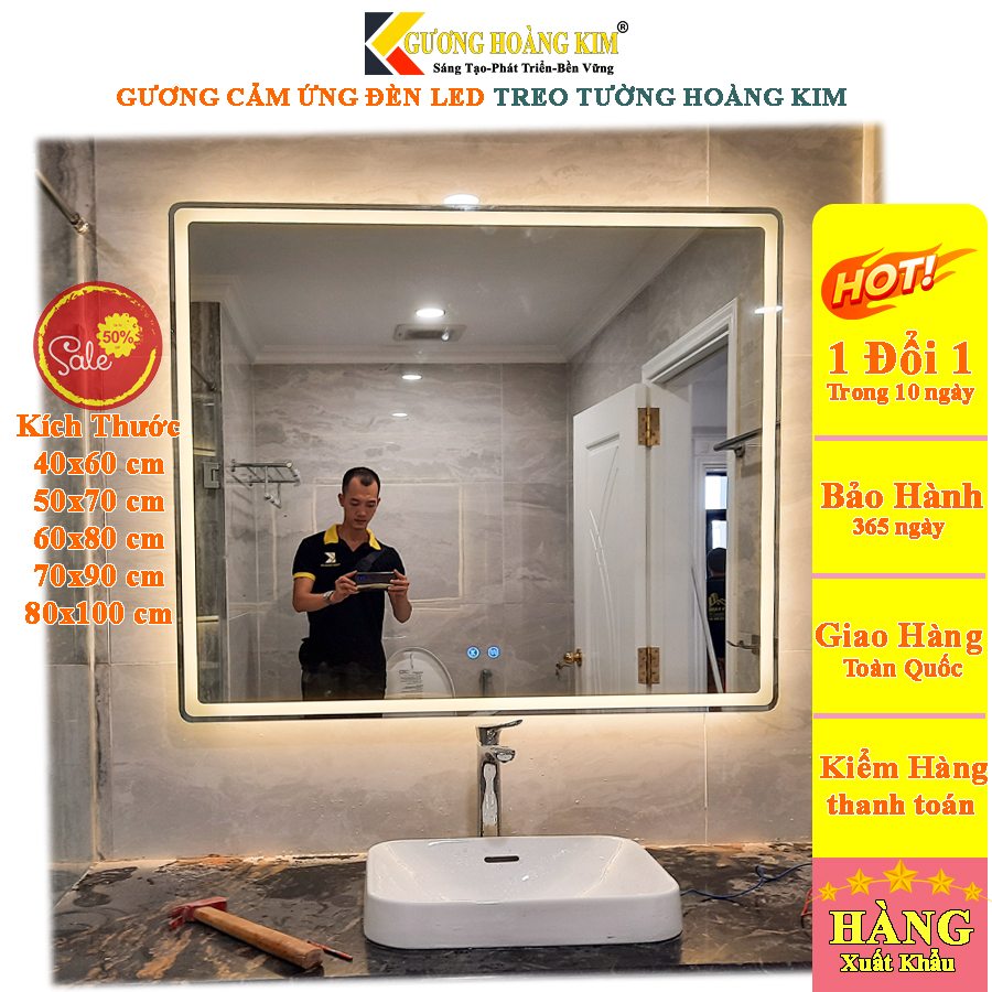 Gương nhà tắm cảm ứng treo tường chữ nhật trang điểm đèn led thông minh kích thước 70x90, 80x100 cm guonghoangkim HK3001