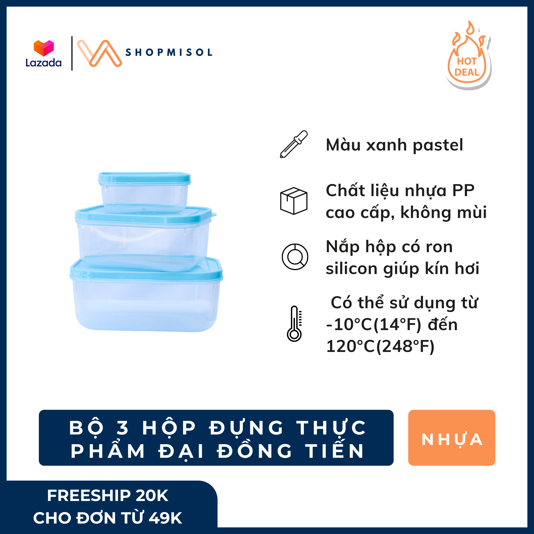 [HCM]Bộ 3 hộp đựng thực phẩm hộp đựng thức ăn hộp đựng thưc phẩm nhựa Đại Đồng Tiến - Có nắp màu xanh pastel chất liệu nhựa PP cao cấp dùng để đựng thực phẩm