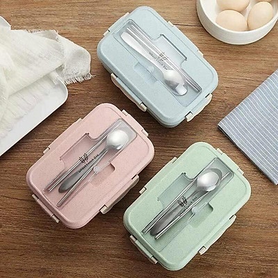 Hộp đựng cơm lúa mạch 3 ngăn,tặng kèm thìa và đũa inox