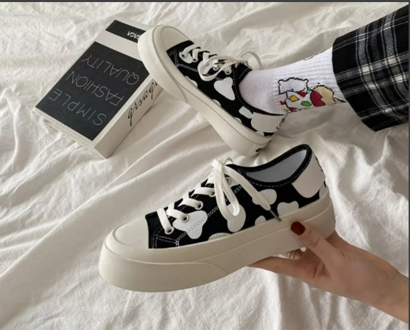 Giày thể thao nữ Ulzzang bò sữa đế bằng bánh mì vải mềm màu đen trắng năng động trẻ trung hot trend đẹp