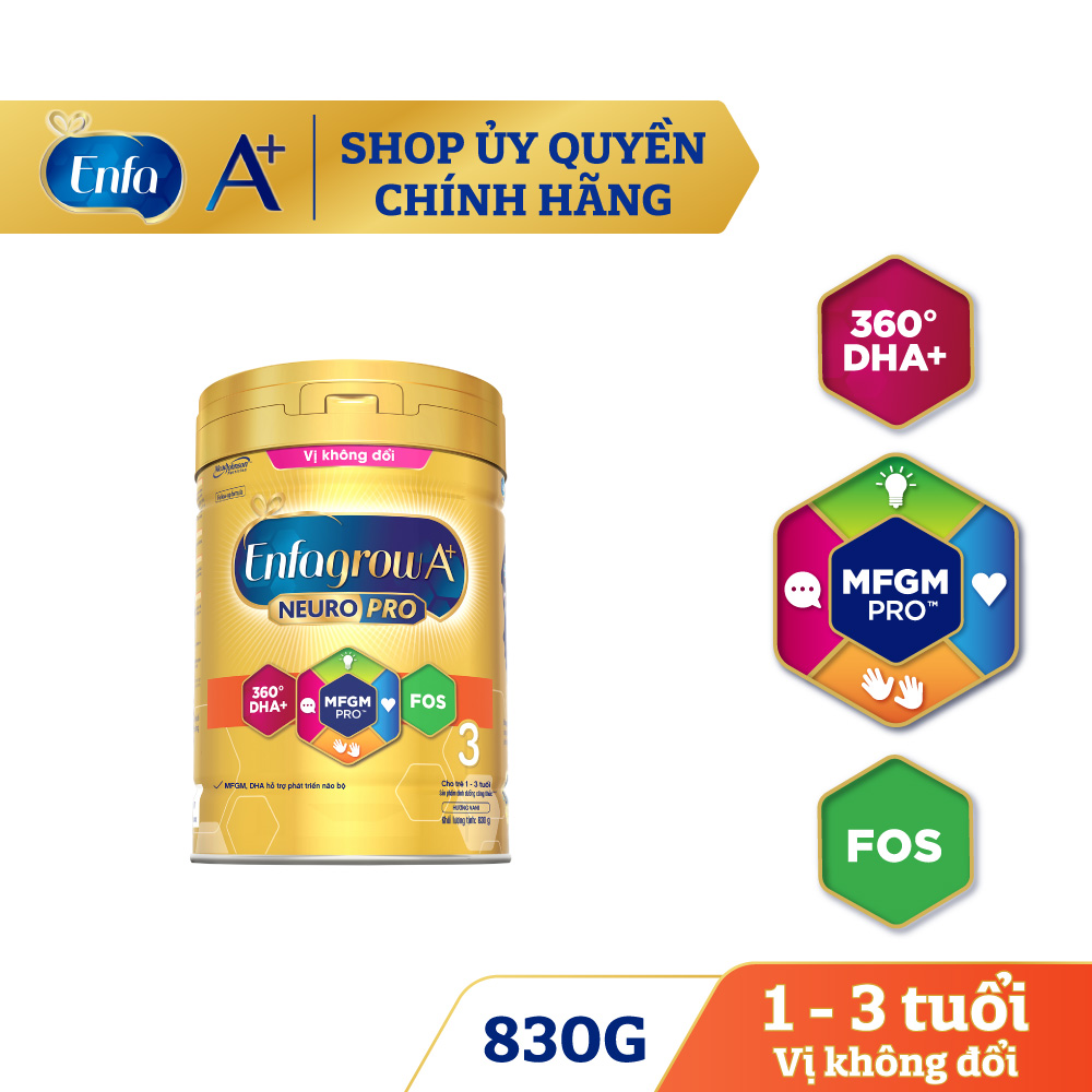Sữa bột Enfagrow A+ Neuropro 3 VỊ NGON KHÔNG ĐỔI cho trẻ từ 1 – 3 tuổi - 830g
