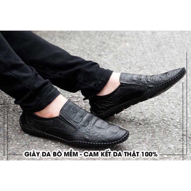 Giày Lười mọi nam Giày công sở nam Slipon Da Bò cao cấp thời trang hàng hiệu giá rẻ dập Vân Cá Sấu Siêu Mềm GL-06 màu đen