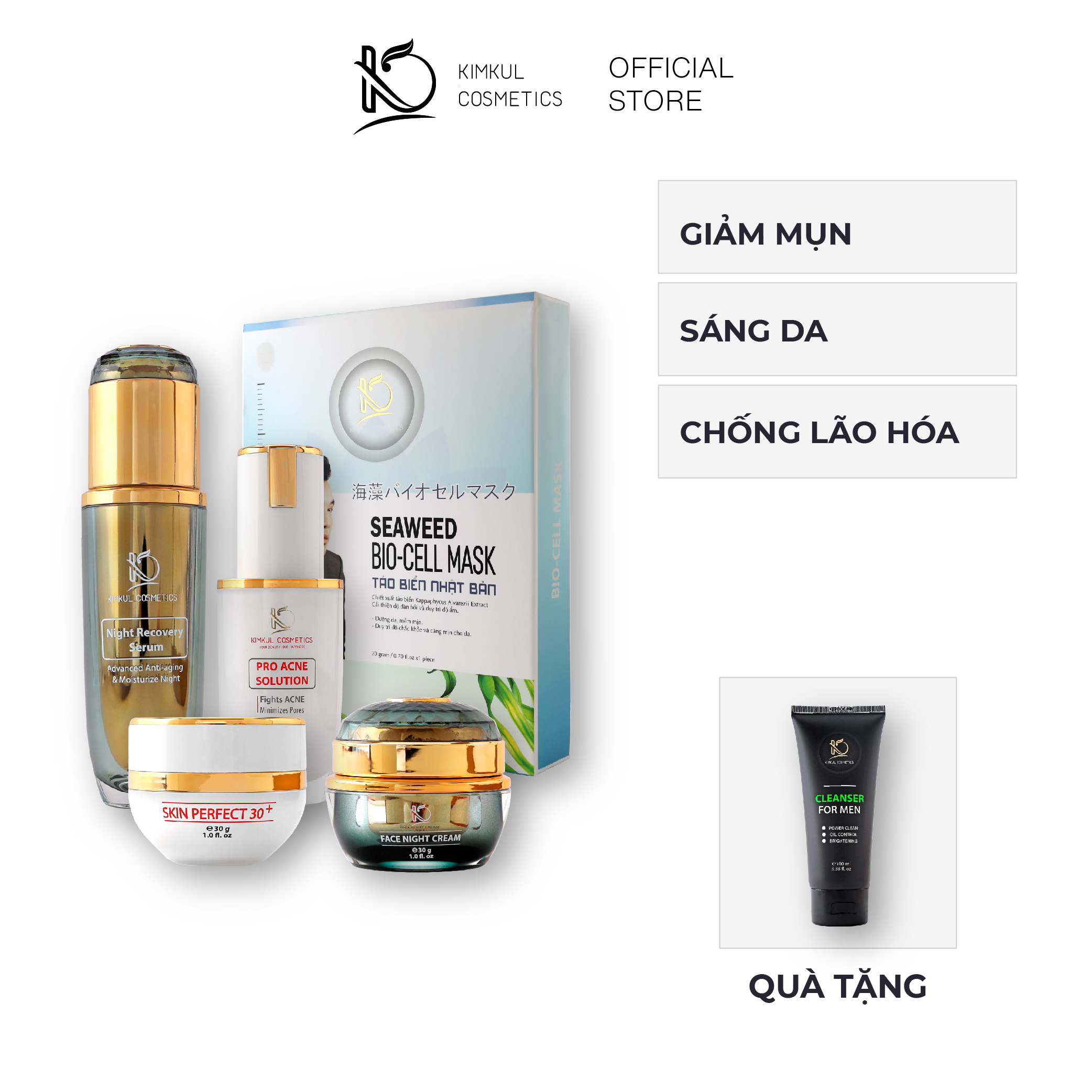 Bộ dưỡng da, chống Lão Hóa dành cho Nữ KimKul gồm Night Recovery 60ML + Pro Acne Slution 30ML + Face Night Cream 30G + Skin Perfect 30G + Hộp 8 mặt nạ Tảo Biển (Tặng sữa rửa mặt Cleanser For Men 100ML khi đơn trên 999k)