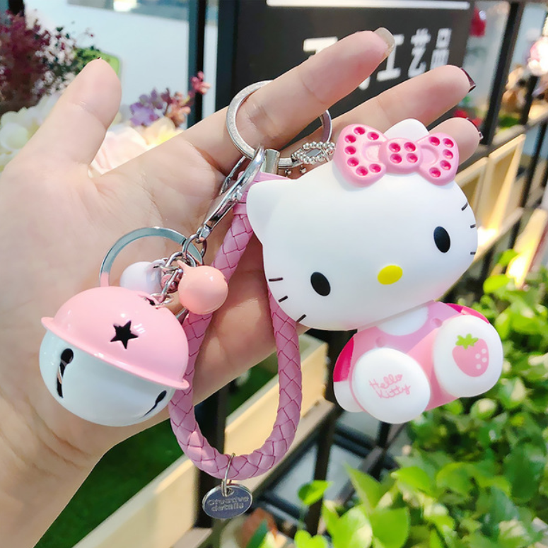 Móc khóa mèo nơ hồng kèm dây và chuông lớn