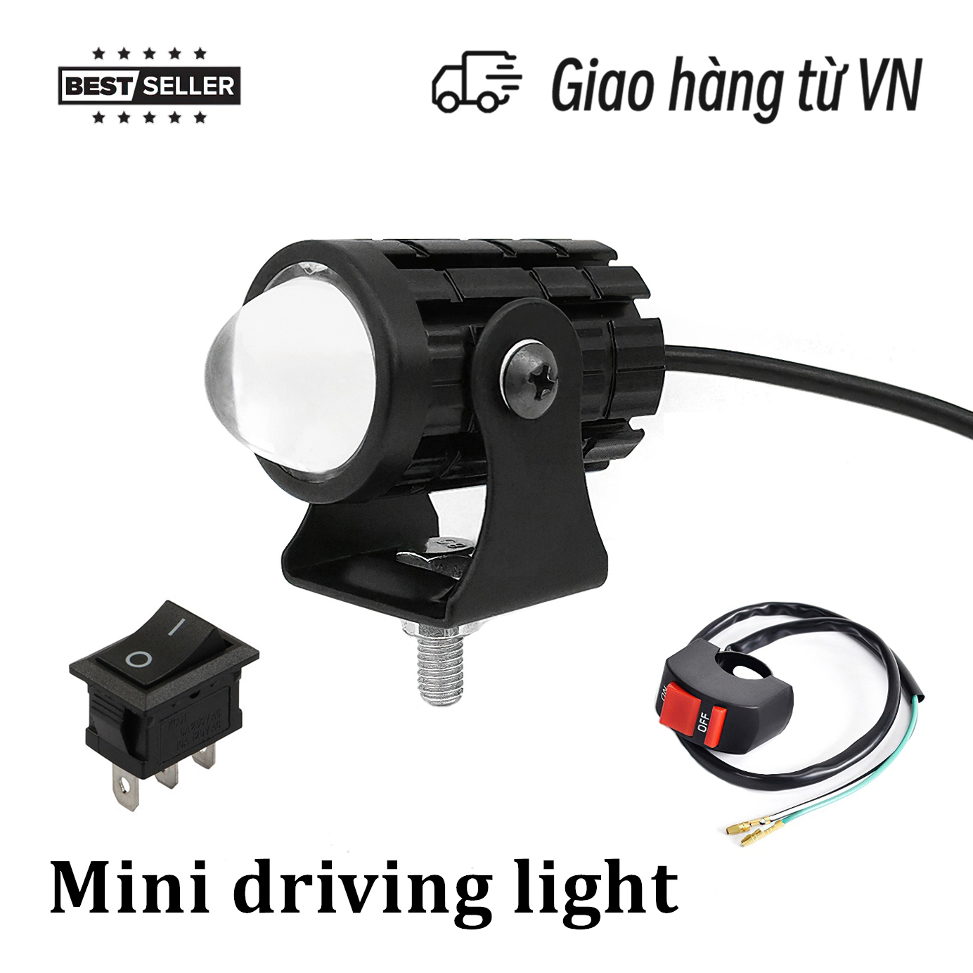 Đèn trợ sáng mini bi cầu 2 mầu cos vàng pha trắng, chứa công tắc