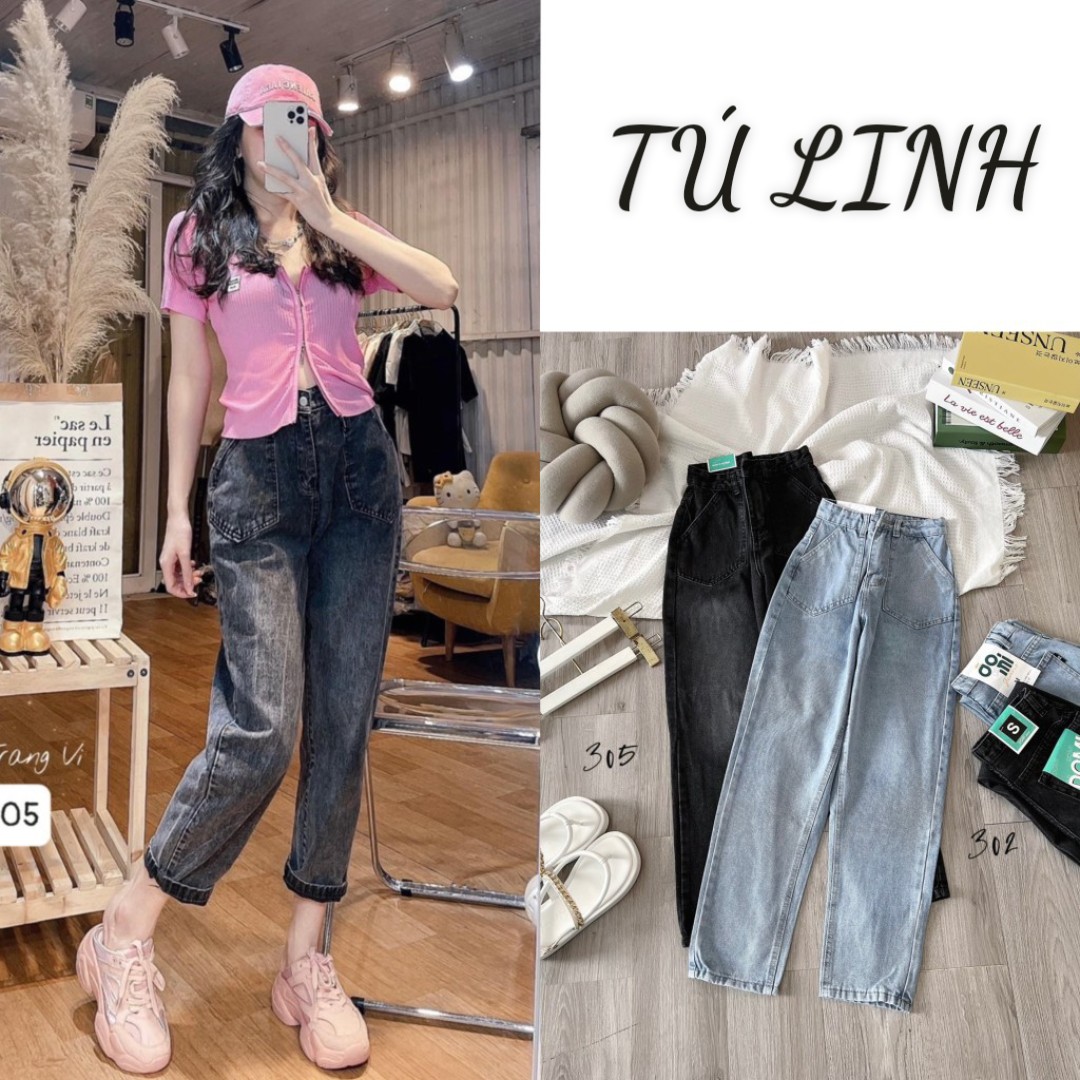 Quần baggy jean nữ cạp cao, Quần bò trơn 2 túi kiểu đơn giản chất jean mềm không dãn