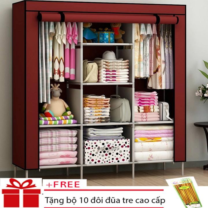 [ĐƯỢC CHỌN MẪU- CAM KẾT Y HÌNH] Tủ Vải Đựng Quần Áo 3 Buồng 8 Ngăn Khung Inox Chắc Chắn  - Tủ Vải Quần Áo, Tủ Quần Áo Cao Cấp, Tủ Treo Quần Áo Nhiều Màu Siêu Bền Đẹp + Tặng bộ 10 đôi đũa tre đẹp