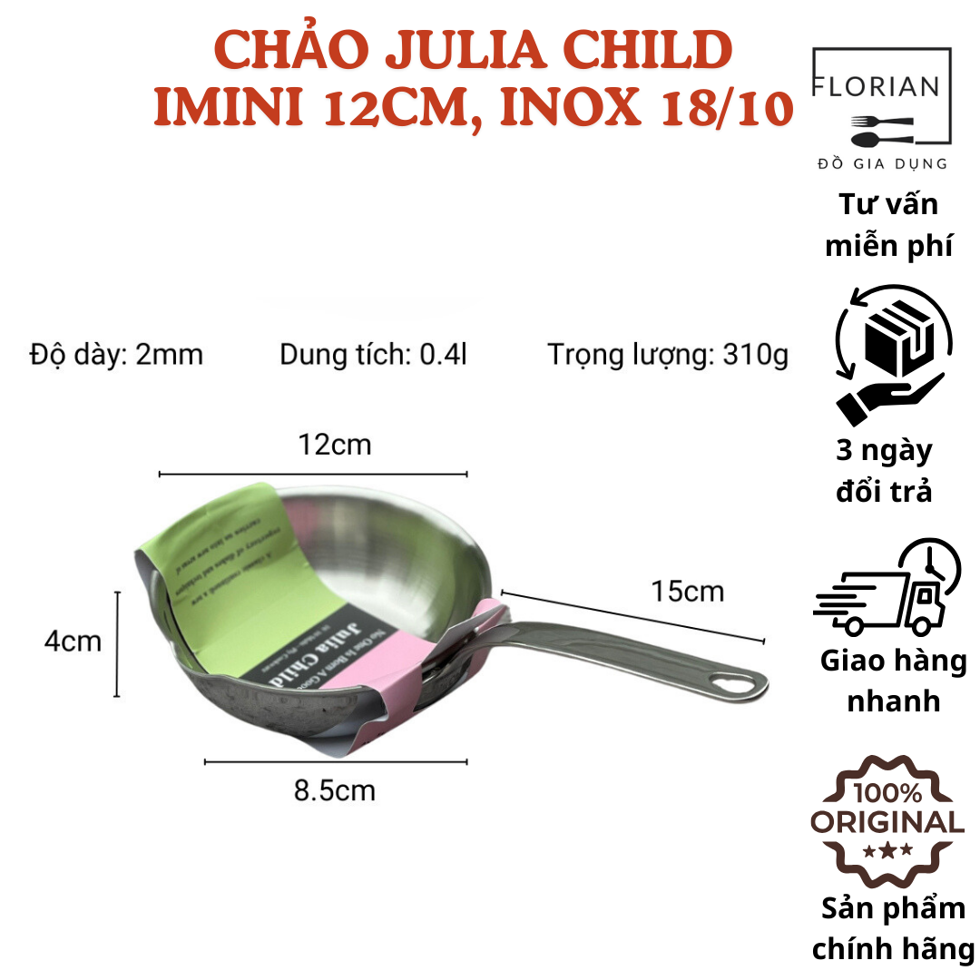 Chảo julia child inox nguyên khối, chống dính, mini 12cm thép không gỉ 18/10
