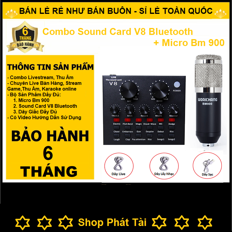 COMBO BỘ LIVESTREAM THU ÂM KARAOKE ONLINE, SOUND CARD V8, MIC BM900, ĐẦY ĐỦ DÂY KÈM THEO ( Bảo Hành 6 Tháng )