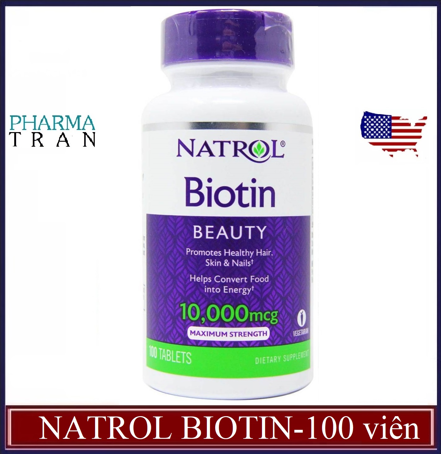 Viên uống trị rụng tóc Biotin 10000mcg của Natrol Mỹ (100 viên) - giúp mọc tóc nhanh, móng khỏe