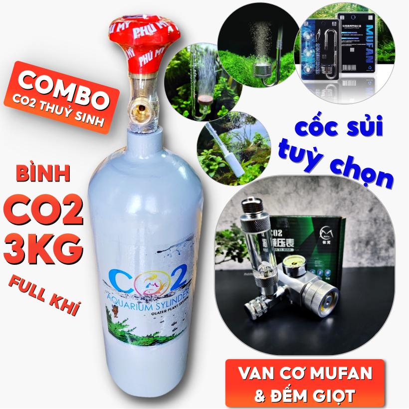 Combo co2 3kg + van cơ & đếm giọt mufan + cốc sủi | bộ co2 cho hồ thuỷ sinh