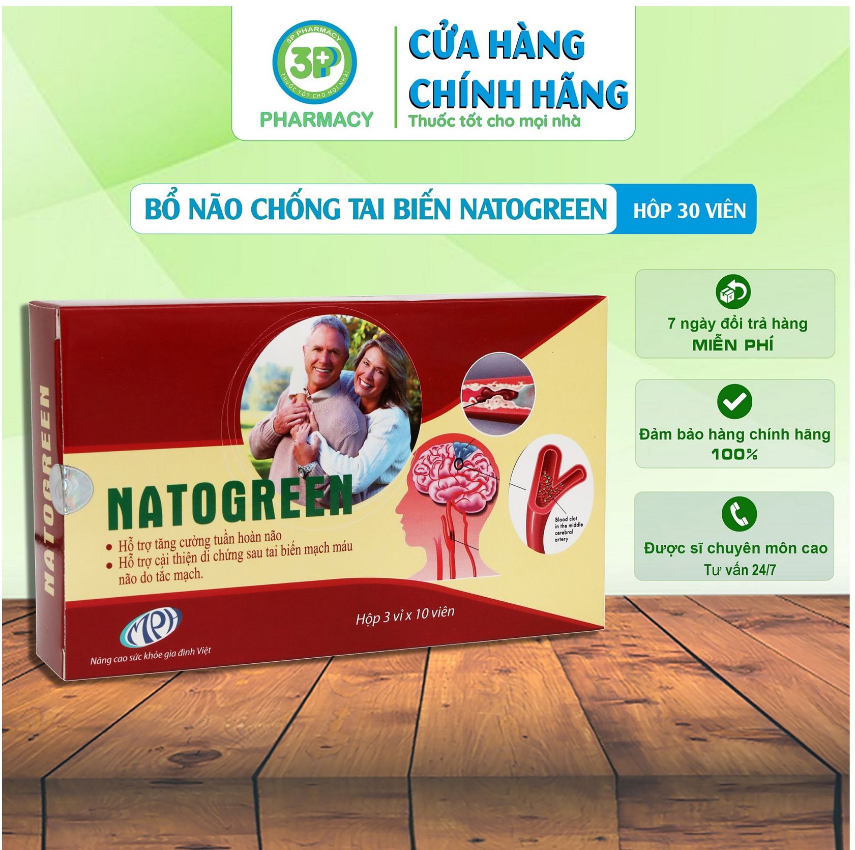 Viên uống bổ não chống tai biến NATOGREEN giúp tăng cường trí nhớ, hoạt huyết dưỡng não (30 viên)