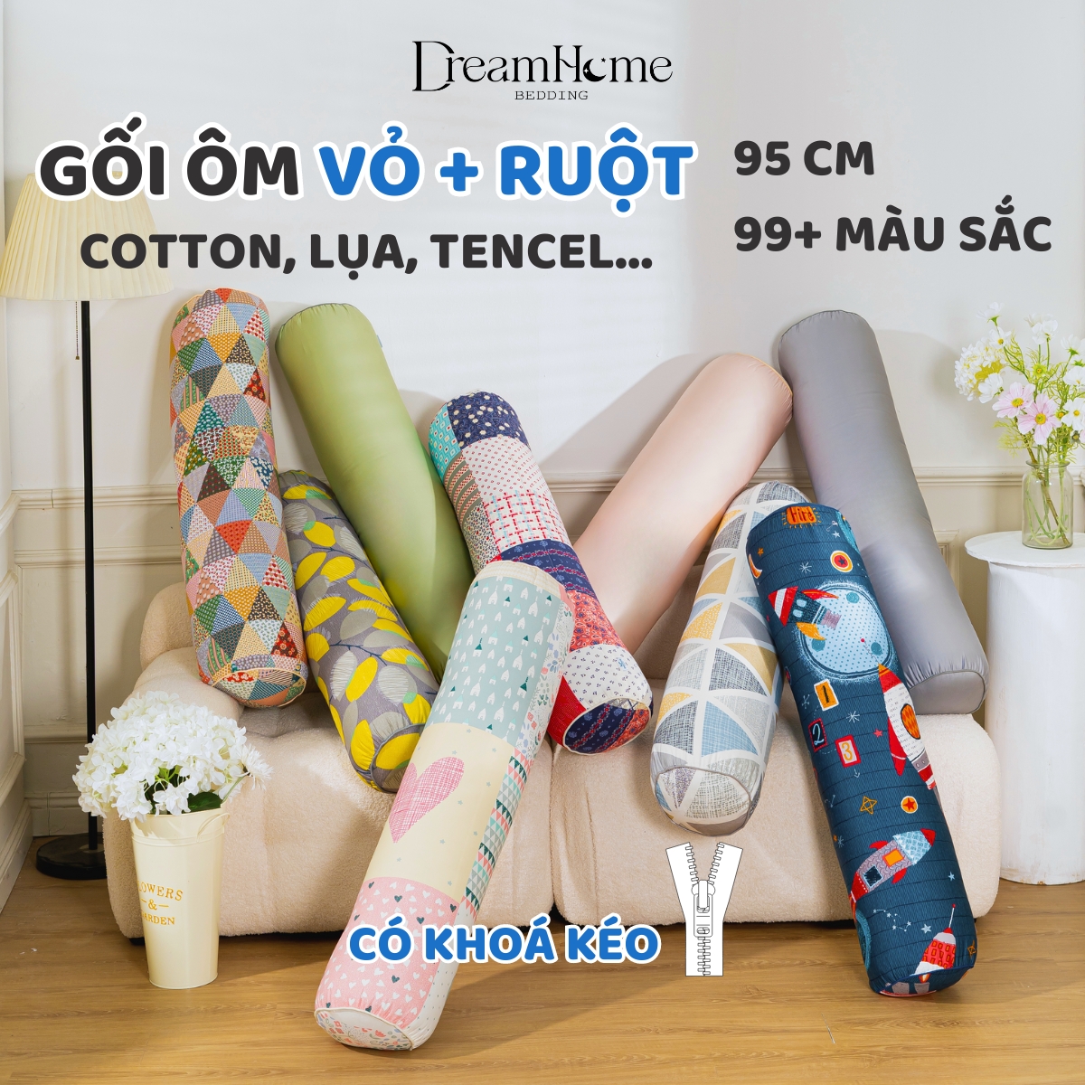 Gối ôm dài người lớn khóa kéo, gối ôm cao cấp vỏ cotton 100% dài 95cm dùng ôm ngủ, gác chân, tựa lưng - DREAMHOME