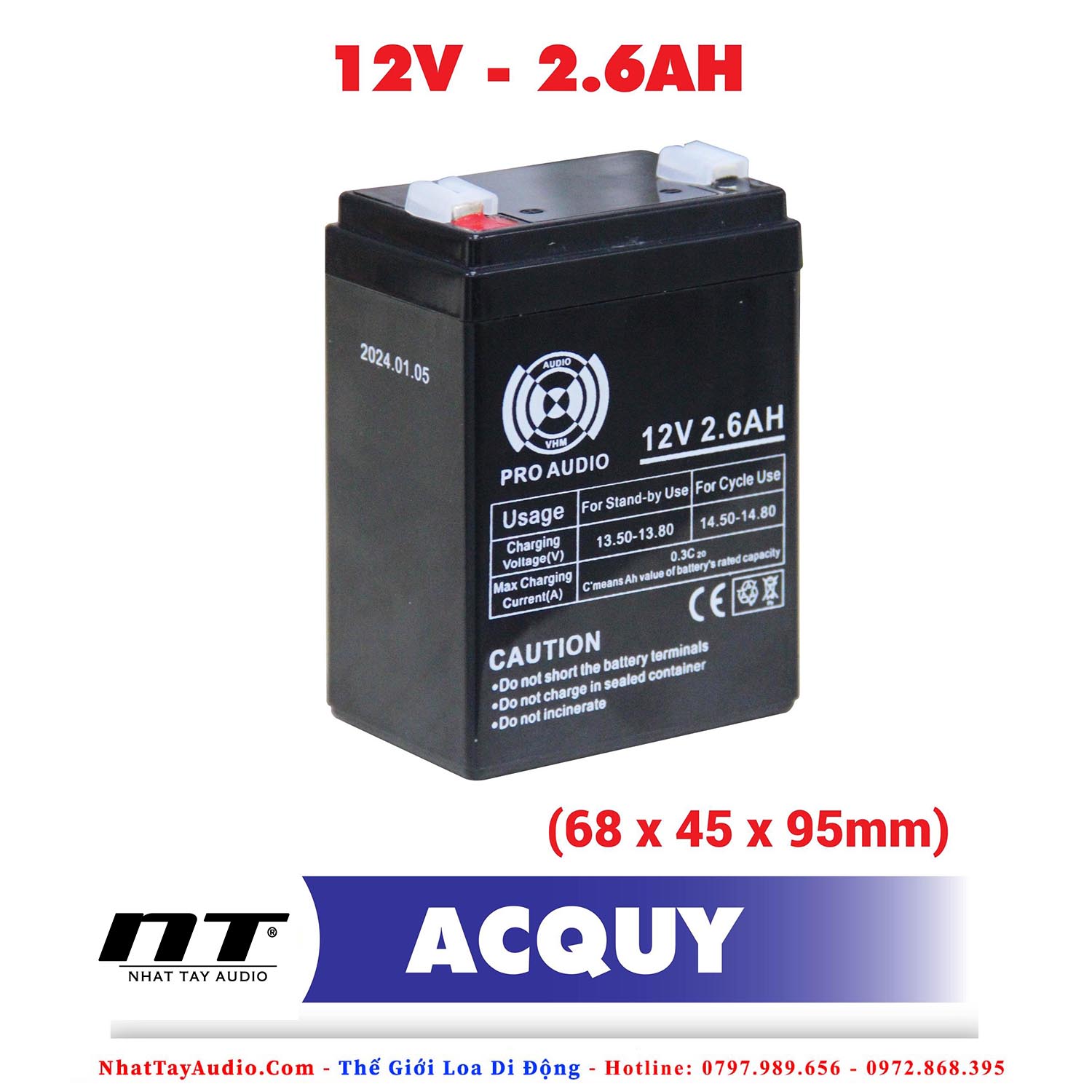 Bình Ắc Quy 12V 2.6Ah dùng cho Loa Kéo, Xe Đồ Chơi, BH 1-12 Tháng