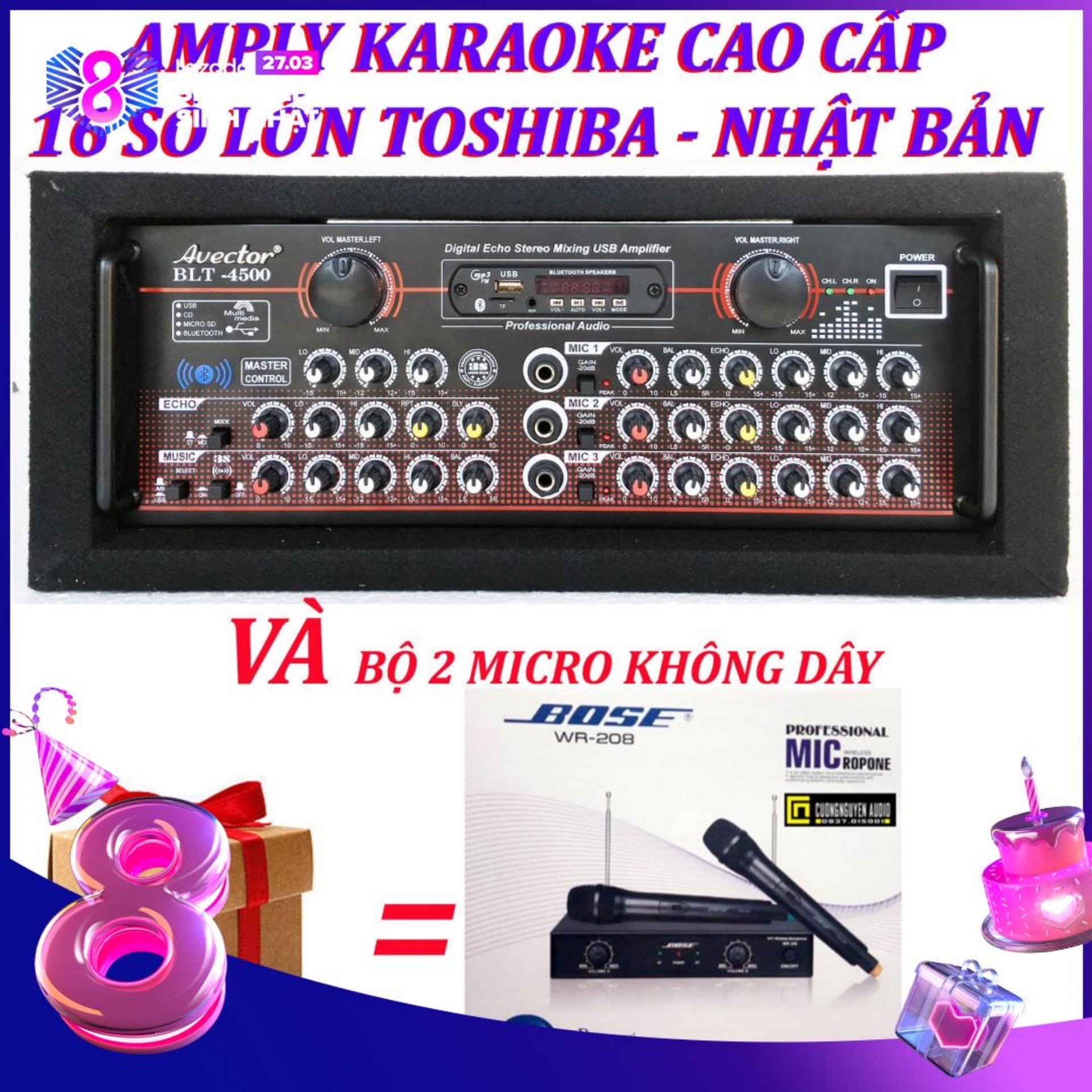 Amply karaoke ampli bluetooth amply nghe nhac amply karaoke hay cao cấp avector 4500 VÀ bộ micro không dây bs208