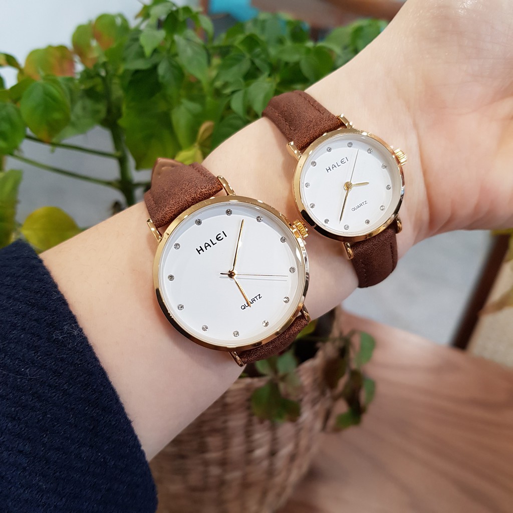 Cặp Đồng Hồ Đôi Nam Nữ Halei Dây Da Chính Hãng  Chống Nước Chống Xước