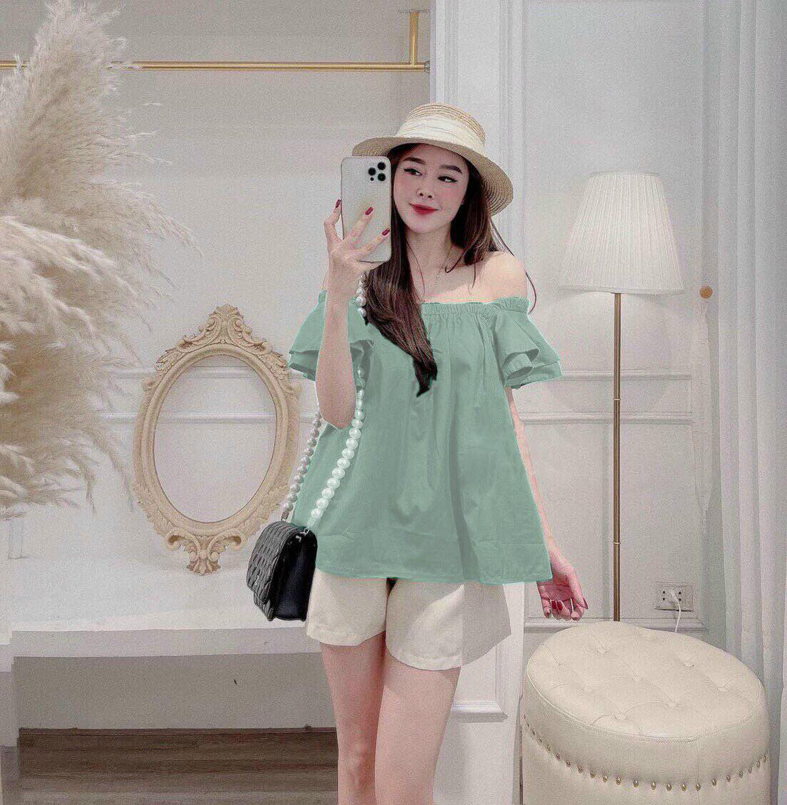 Sét đồ bộ nữ lụa cao cấp áo mặc 2 kiểu tay bèo & quần short thời trang kiểu cách đi chơi, đi dự tiệc d.one fashion, mẫu free size mặc vừa