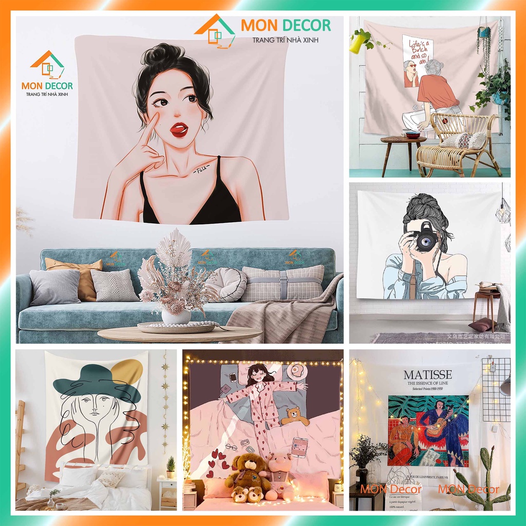 Tranh vải treo tường decor hình cô gái - Thảm vải treo tường cô gái