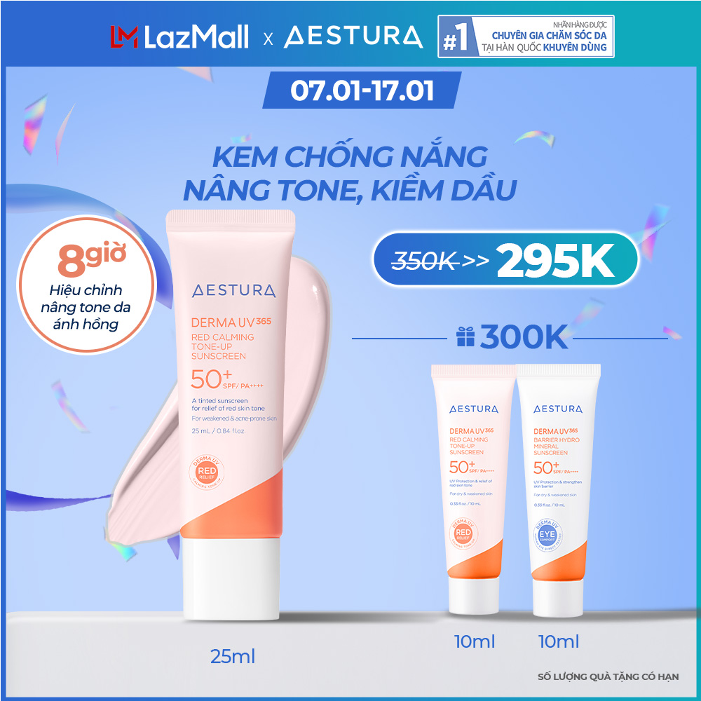 [TẶNG THÊM 20ML] Kem chống nắng nâng tone cho da nhạy cảm AESTURA DERMA UV365 Red Calming Tone-up Sunscreen 25ml SPF50+ PA++++