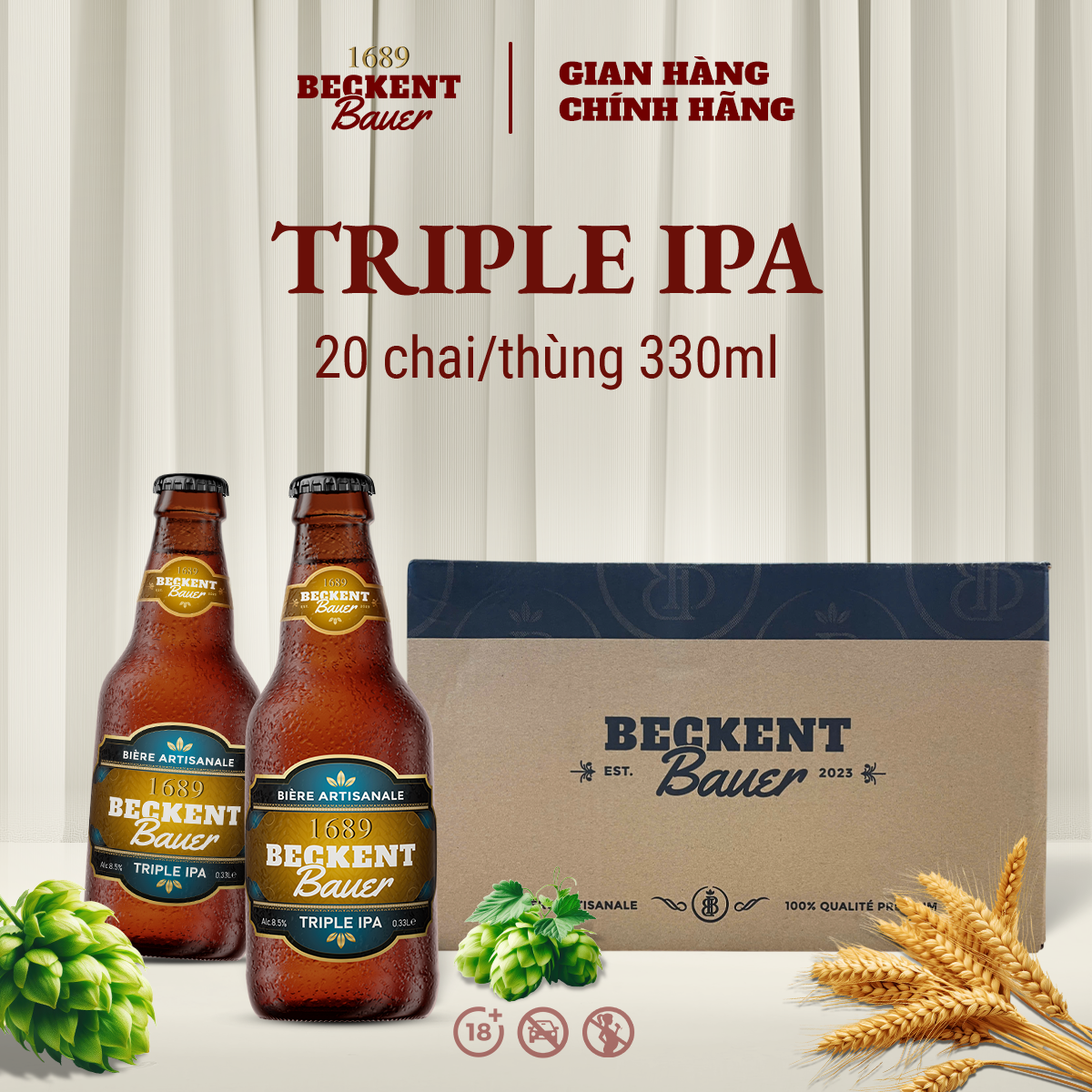 Bia Thủ Công Beckent Bauer Triple IPA 8.5% Thùng 20 Chai 330ml