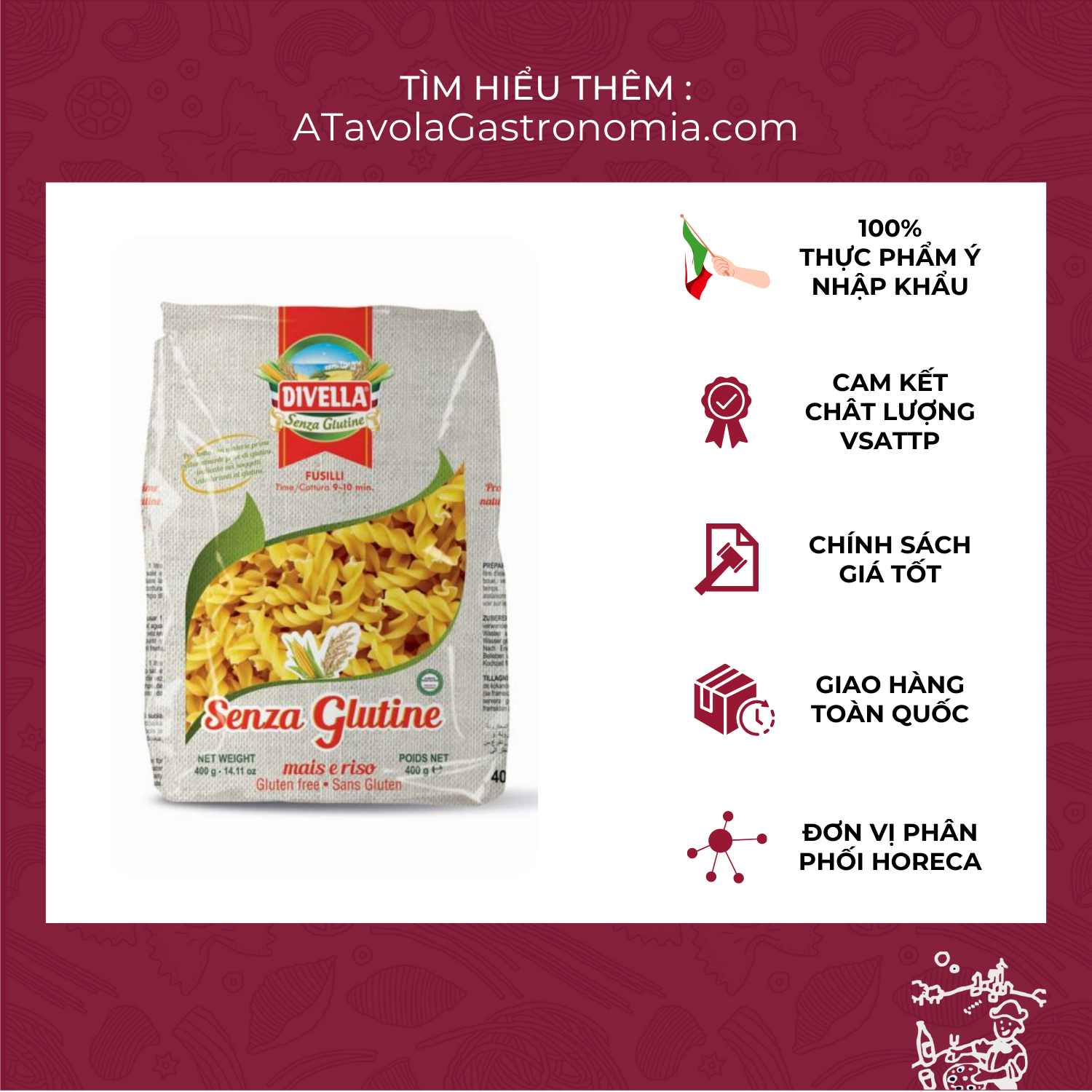 Mì Ý Nui Gluten Free Fusilli xoắn DIVELLA gói 400g [Mỳ Ý Pasta khong chứa gluten Chính Hãng]