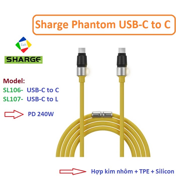 Cáp sạc sharge phantom usb-c-c 240w và c-l | sl106 sl107 | hợp kim nhôm + tpe + silicon + đèn led | dài 1m2