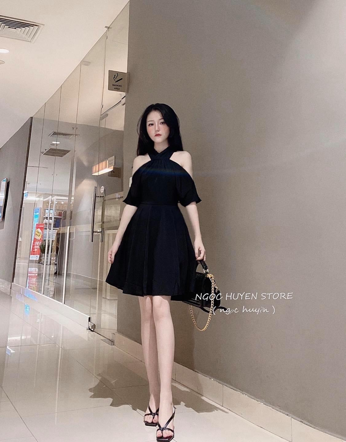 Váy trễ vai bánh bèo , đầm dự tiệc rớt vai màu đen