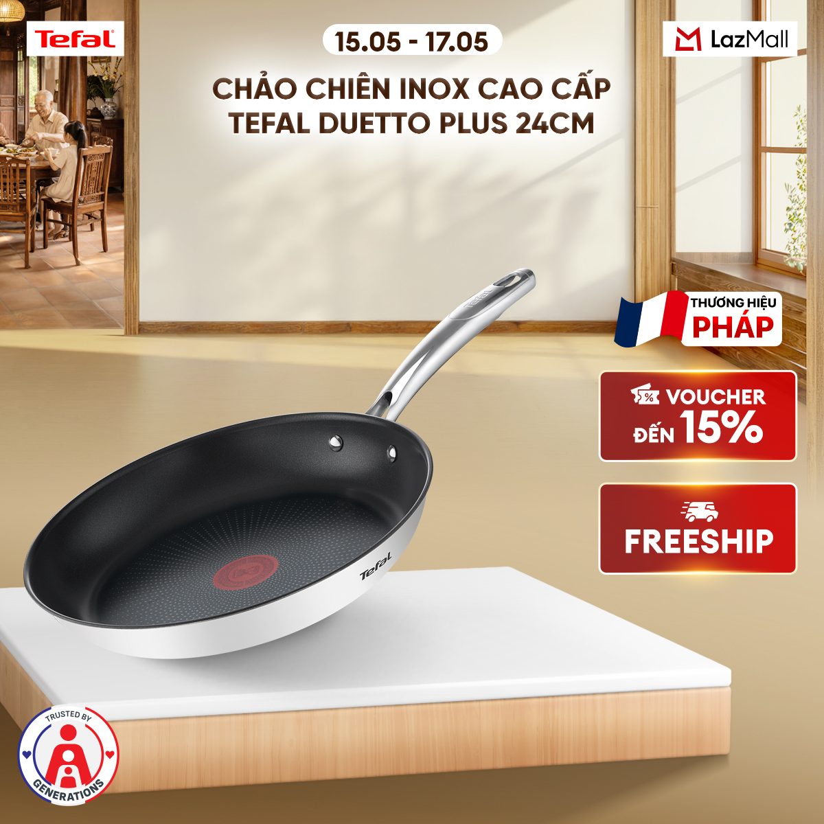 Chảo chiên Inox 18/10 cao cấp Tefal Duetto Plus 24cm