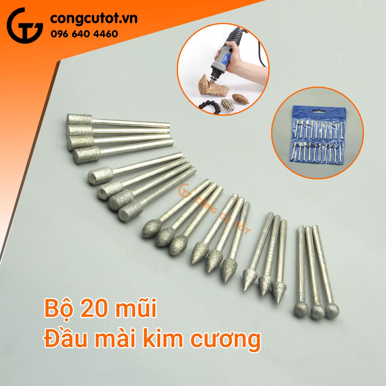Bộ 20 đầu mài kim cương trục 3mm