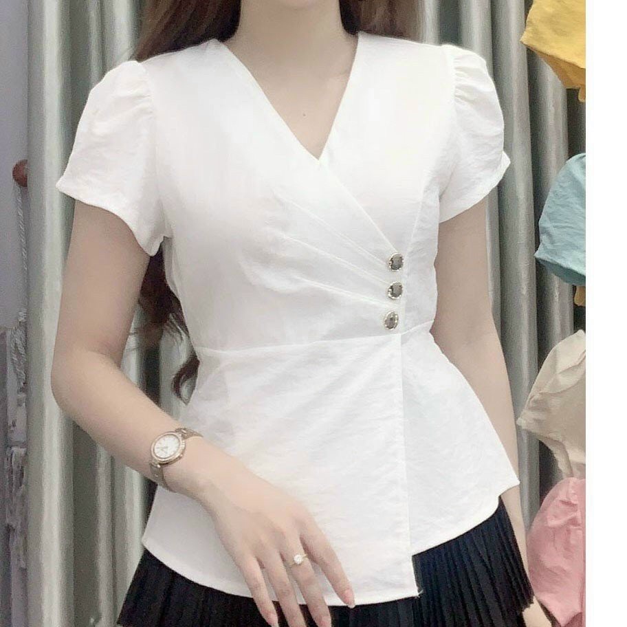 Áo kiểu nữ may xếp ly phối nút đẹp nhiều màu fullsize