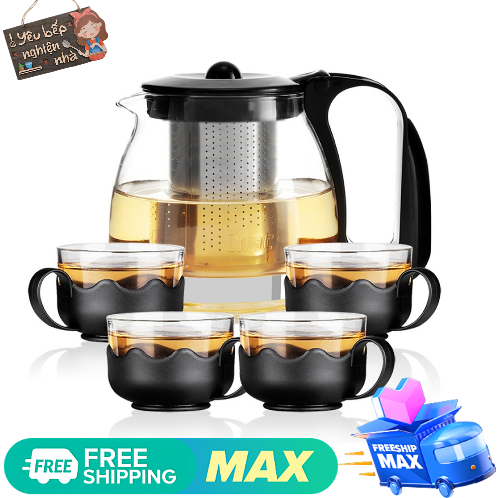 Bình trà - Bộ ấm trà thuỷ tinh có túi lọc INOX dung tích 1000ML + tặng kèm 4 LY THUỶ TINH dung tích 300ML - Ấm pha trà thuỷ tinh, ấm pha trà độc lạ, ấm trà lọc, trà sữa